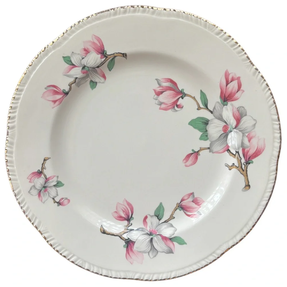 Vintage Pink Floral Plates Homer Laughlin Dogwood Gold Trim Fine China 3 Pc Set